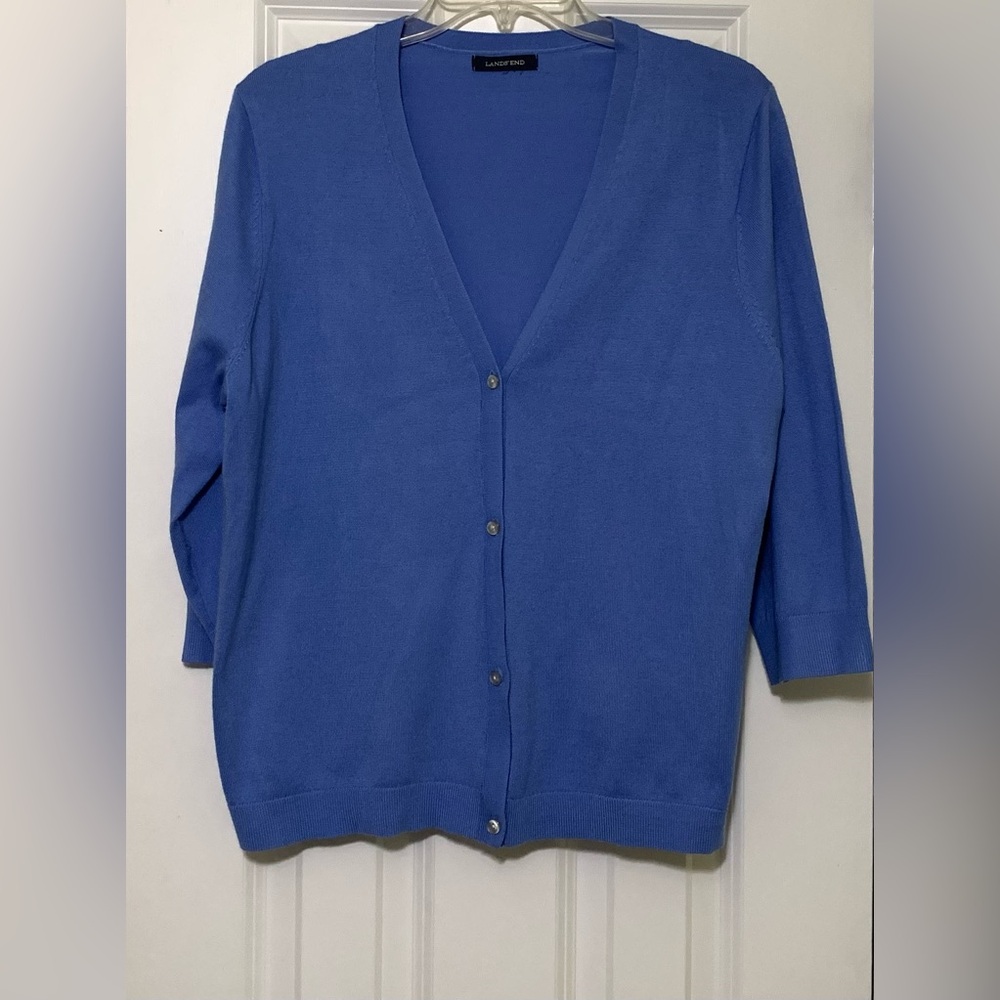 Lands' End S Blue V-Neck Cardigan 3/4 Sleeves Four Button Soft, Comfy